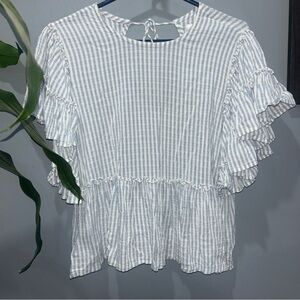 Altar'd State Blue and White Ruffle Blouse